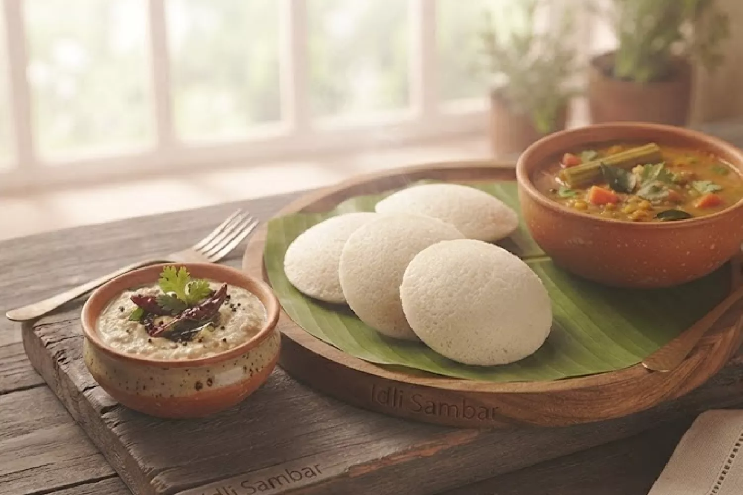 Idli with Coconut Chutney & Sambar